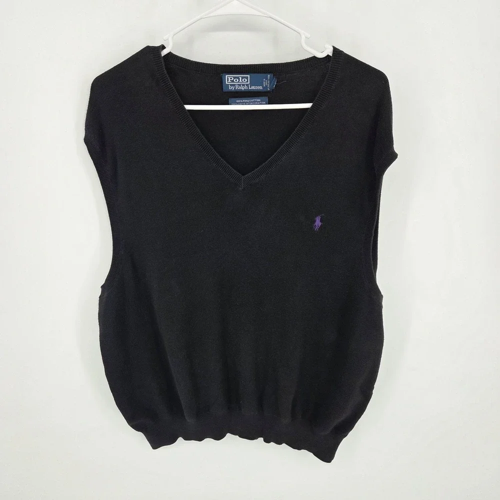 Polo Ralph Lauren Men's XXL Black Pima Cotton Sweater Vest Purple Pony Logo